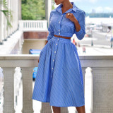 Long Sleeve Striped Button Blouse and Skirt 2PCS Set
