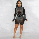 Beaded Rhinestone Mesh See Through Mini Dress