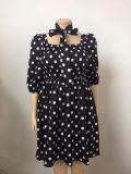 Plus Size Vintage Square Neck Dot Print Shirred Dress