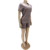 Velvet Short Sleeves V-Neck Top and Shorts 2PCS Set