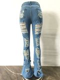 Blue High Waist Ripped Flare Jeans