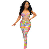 Print Strapless Crop Top and Tight Pants 2PCS Set