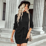 High Neck Tie Waist Full Sleeve Bodycon Dress