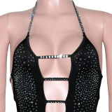 Black Hollow Out Backless Rhinestone Cami Halter Dress