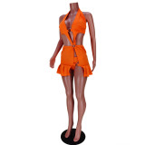 Orange Hollow Out Ruffle Dress with Pantie 2PCS Set
