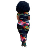 Plus Size Floral Print Short Sleeves O-Neck Maxi Dress