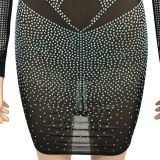 Beaded Rhinestone Mesh See Through Mini Dress