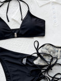 Black Cami Halter Lace Up Bikini Two Piece Set