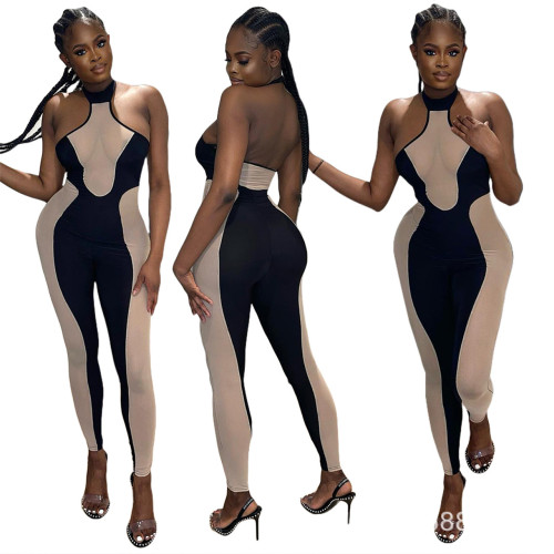Mesh Splicing Halter Backless Sexy Jumpsuit