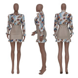 Floral Print Patchwork Long Sleeves Ruffle Mini Bodycon Dress