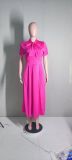 Hot Pink Short Sleeve Knotted Long Dress