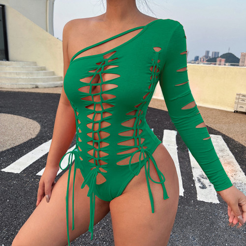 Solid Single Sleeve Hollow Out Bodysuit Top