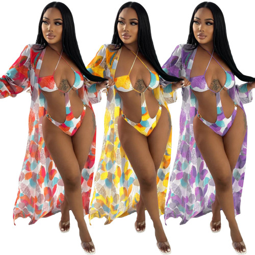 Print Underwired Swimsuit with Chiffon Cover Up 2PCS Set