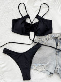 Black Cami Halter Lace Up Bikini Two Piece Set