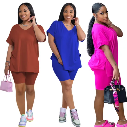Solid Loose T-Shirt and Tight Shorts Casual 2PCS Set