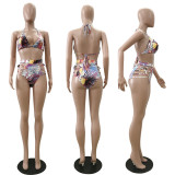 Print Cami Halter Hollow Out Bikini and Long Cardigan 3PCS Set