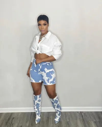 Print High Waist Zip Fly Jeans Shorts