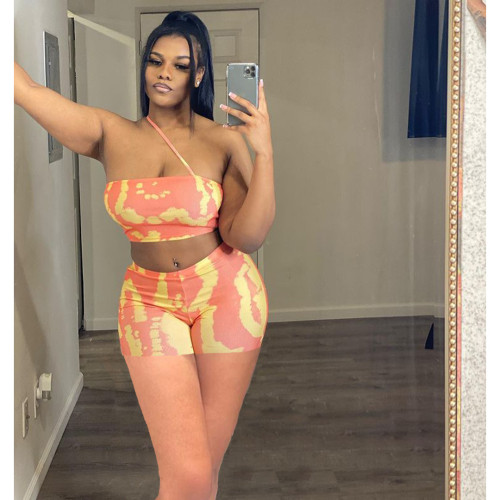 Print Orange Cami Crop Top and Tight Shorts 2PCS Set