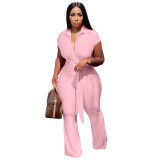 Button Up Short Sleeves Wide Leg Jumpsuit with Belted