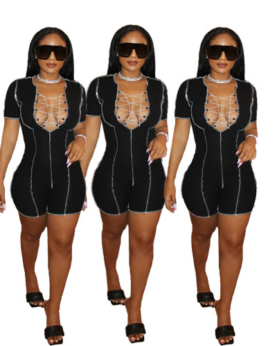 V-Neck Short Sleeves Lace Up Bodycon Rompers