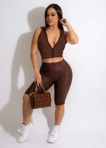 Sleeveless Hoody Crop Top and Shorts 2PCS Set