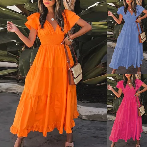 Short Sleeve V-Neck Elastic Waist Dress