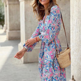 Print Long Sleeves V-Neck Maxi Dress