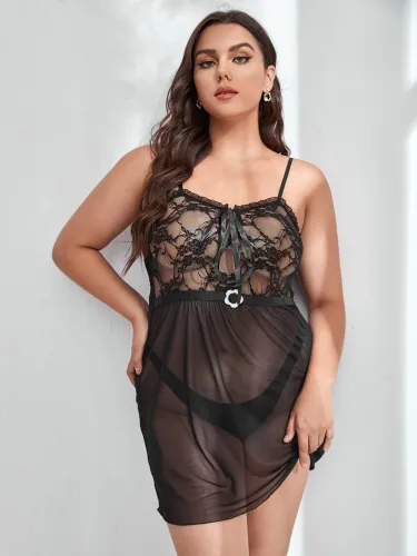 Plus Size Black See Through Lace Splicing Babydoll Lingerie 2PCS Set