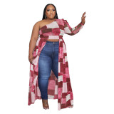 Plus Size Oblique Shoulder One Sleeve Print Maxi Dress