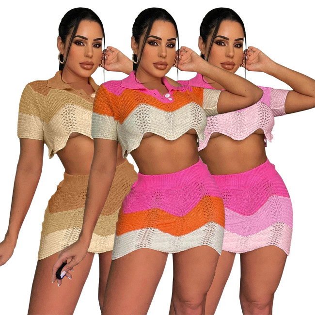 Knitted Color Block Two Piece Skirt Set Crop Top and Mini Skirt