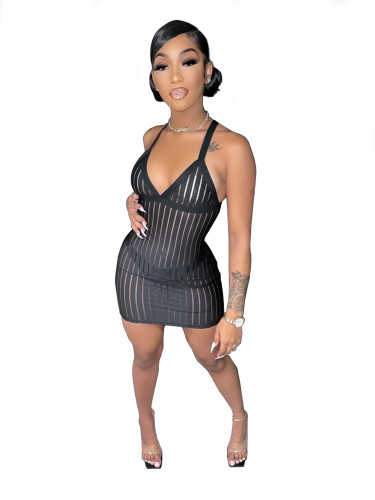 Black Mesh See Through Cami Mini Dress