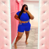 Plus Size Short Sleeves O-Neck Crop Top and Lace Up Shorts 2PCS Set