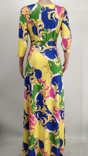 Print 3/4 Sleeve Maxi Dress with Belt