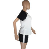 Patchwork Short Sleeves O-Neck Shirt and Drawstring Shorts 2PCS Set