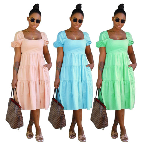 Solid Short Sleeve Square Neck Back Bow Knot Midi Dress