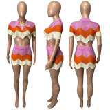 Knitted Color Block Two Piece Skirt Set Crop Top and Mini Skirt