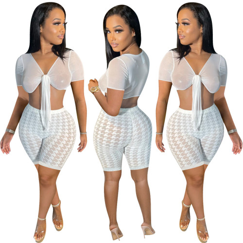 Mesh See Through Tie Front Crop Top and Shorts Two Pieces