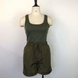 Solid Color Cropped Tank Top and Shorts 2PCS Set