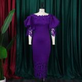 Solid Off Shoulder Lace Panel Balloon Sleeve Long Party Dress