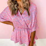 Print Pink V-Neck Bat Sleeves Shirt