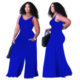 Pure Color V-Neck Sleeveless Wide Leg Jumpsuit with Pockets