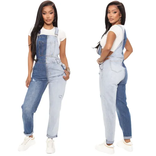 Contrast Color Slim Fit Denim Jumpsuit with Pocket