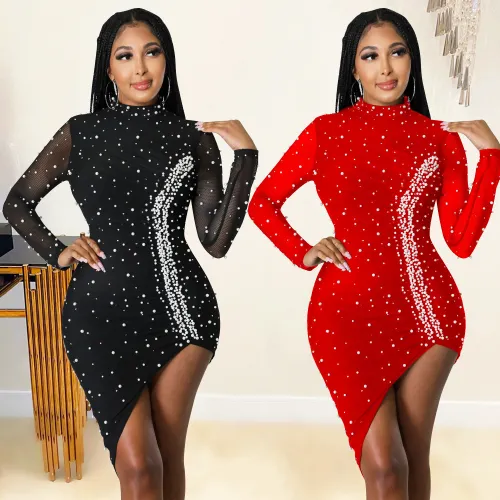 Pearl Irregular Low Back Long Sleeve Midi Dress