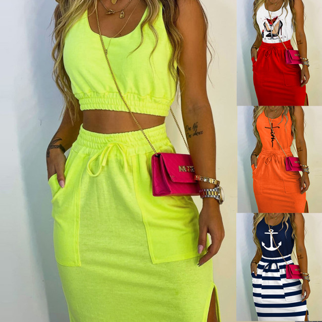 Print Tank Top and Pocket Skirt Casual 2PCS Set