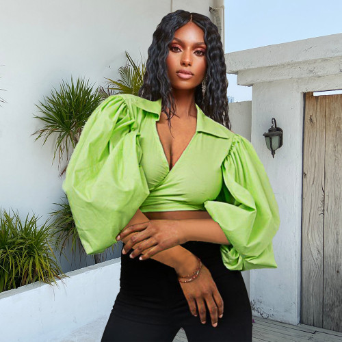 Green Puff Sleeve Bow Tie Elegant Crop Top