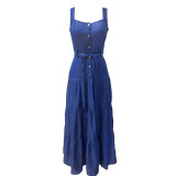 Blue Denim Long Tank Dress with Belt