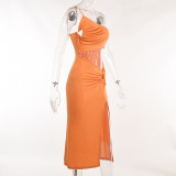 Plain One Shoulder Metal Cut Out Slit Long Dress