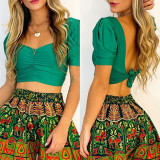 Puff Sleeve Elegant Green Top and Ethnic Print Wide Leg Pants Two Pieces