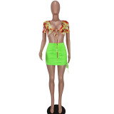Print Tie Front Crop Top and Green Drawsring Skirt Two Pieces