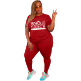 Plus Size Letter Print Short Sleeves O-Neck Top and Tight Pants 2PCS Set